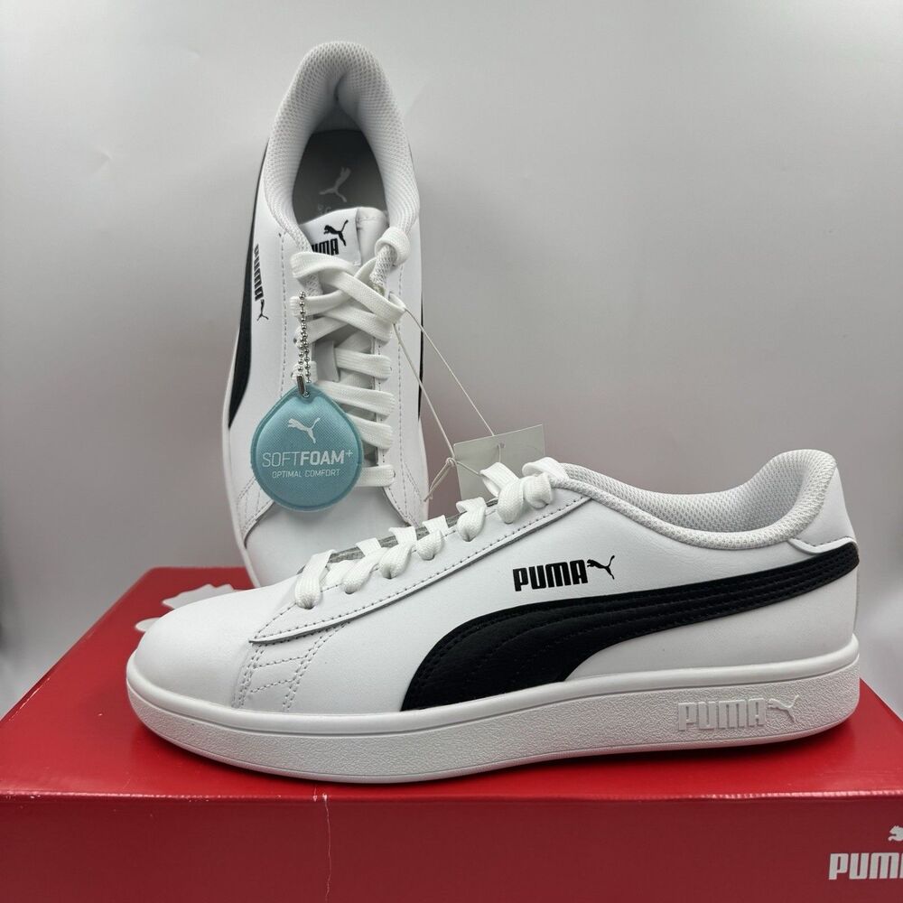 Puma, Mens Smash V2 Leather Lace-up Casual Shoes (White w/black) Men’s 8 New